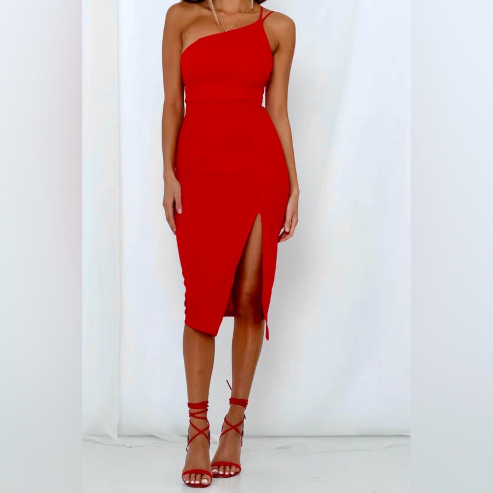 Chic One-Shoulder Red Dress. Includes stock photo from Hello Molly website